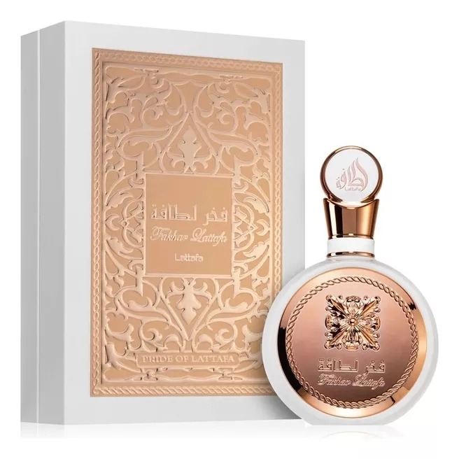Perfume Lattafa Fakhar - Frasco redondo branco com medalha rose gold